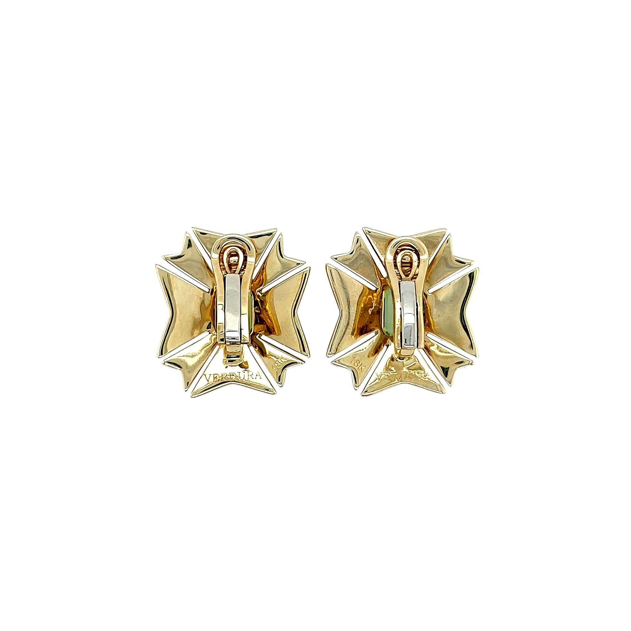 Emerald Cut VERDURA Maltese Cross Gold Peridot Enamel Earrings