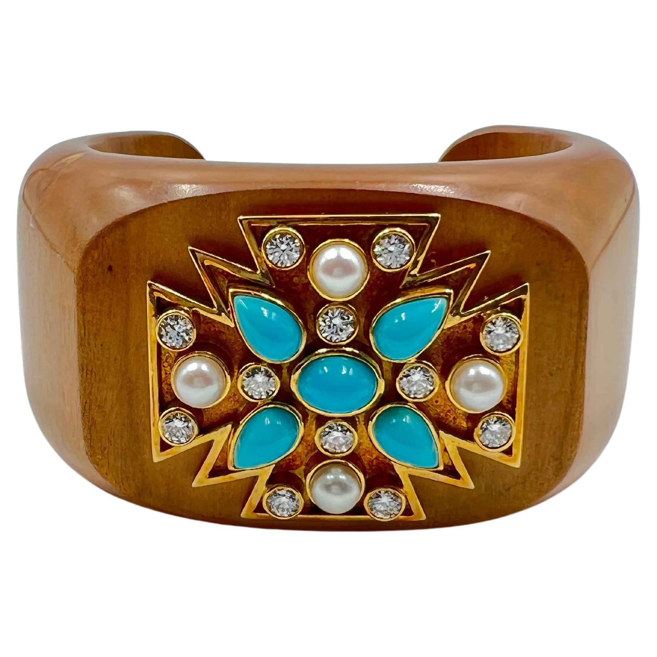Verdura Maltese Cross Turquoise Diamond Pearl Wood Cuff Bracelet