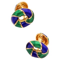 VERDURA Gemelos Esmaltados Azul y Verde Milán De Oro Amarillo Macizo De 18 Kt Con Caja