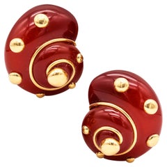 Verdura Milan Clip Earrings in 18kt Yellow Gold with Carved Red Carnelian