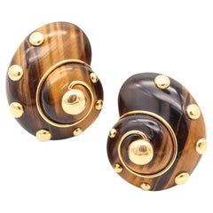 VERDURA Milan Dots Clip Earrings In 18Kt Yellow Gold & Carved Tiger Eye