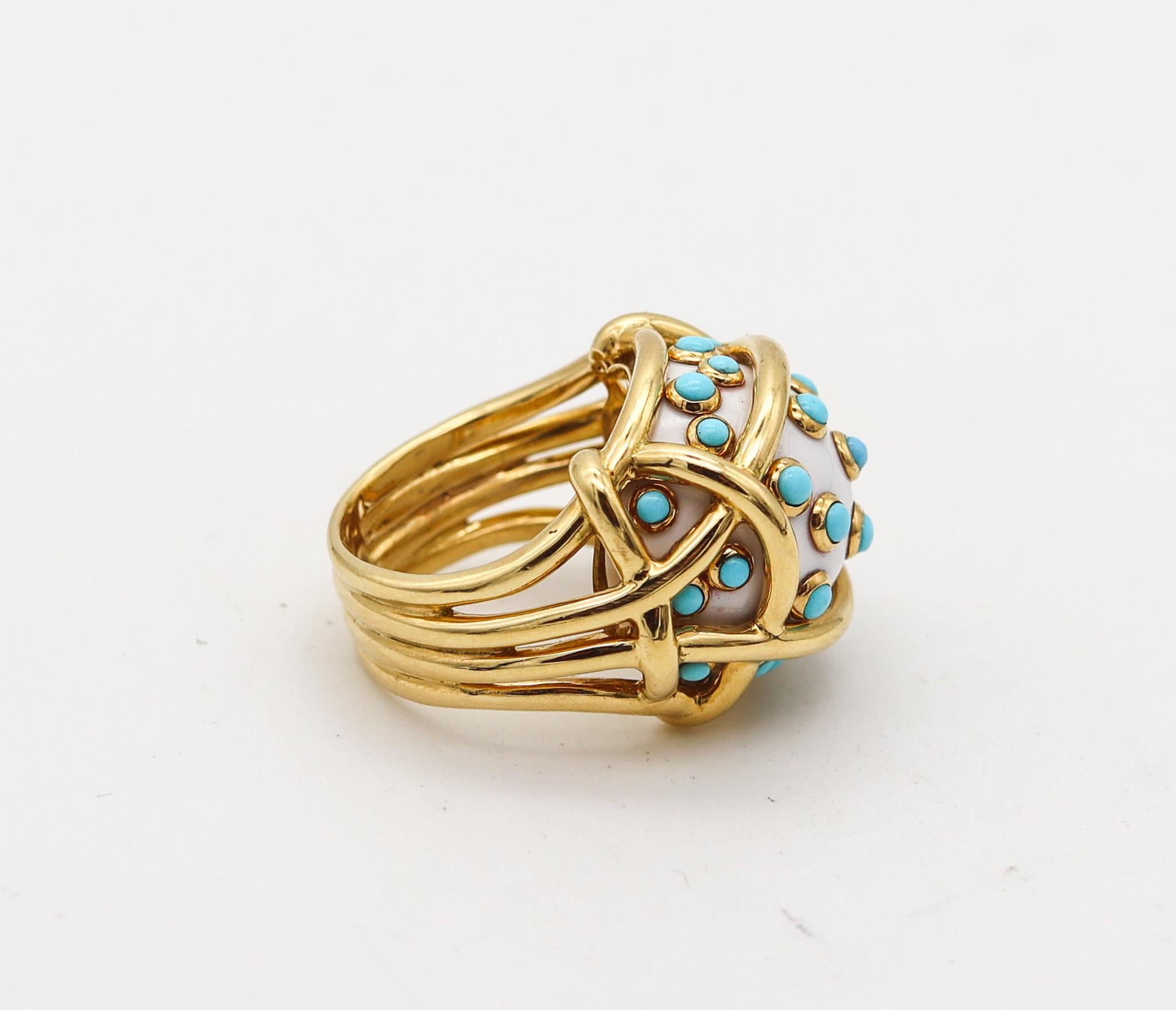Modernist Verdura Milan Polka Dots Ring In 18Kt Gold With 19.85 Ctw In Turquoise And Coral For Sale
