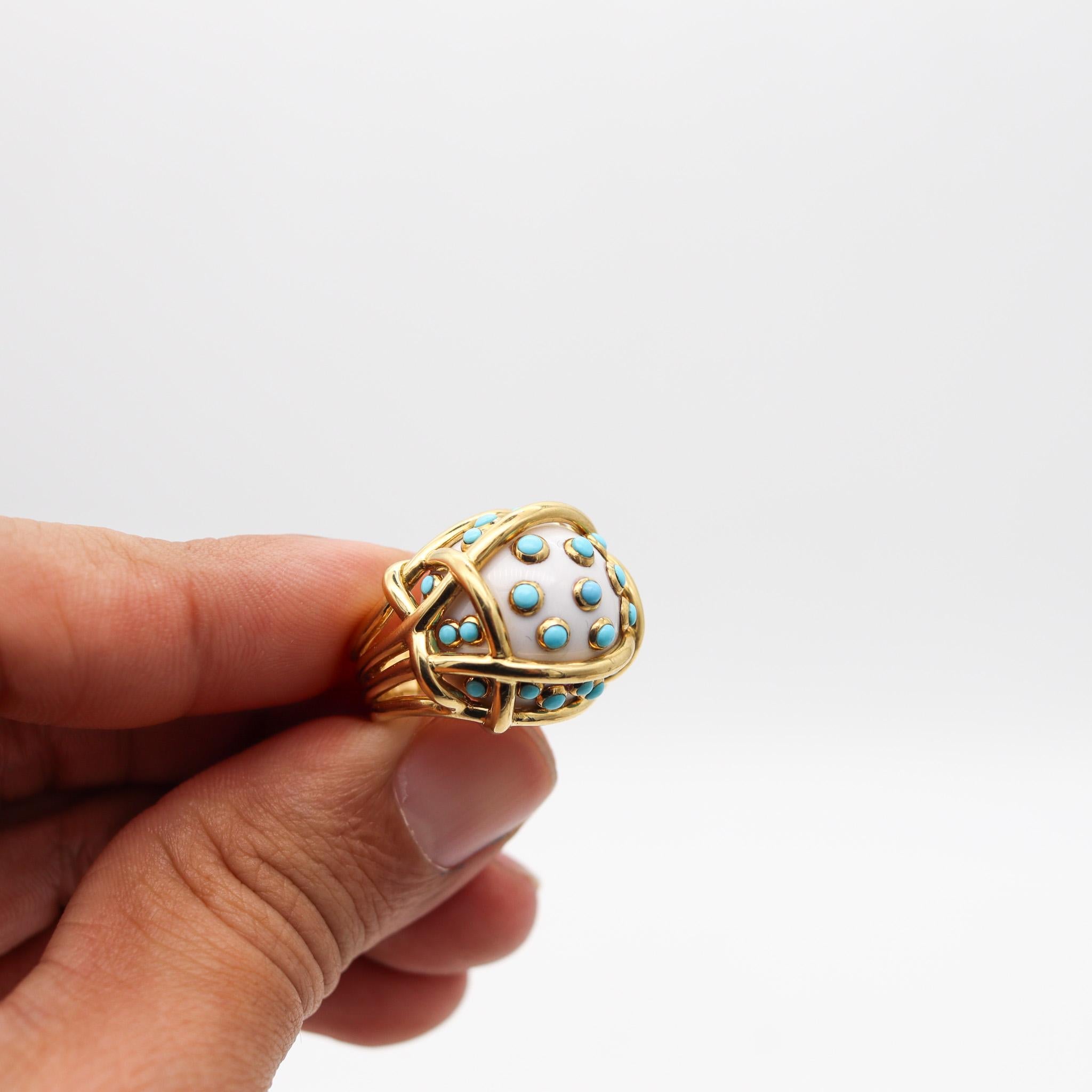 Verdura Milan Polka Dots Ring In 18Kt Gold With 19.85 Ctw In Turquoise And Coral In Excellent Condition For Sale In Miami, FL