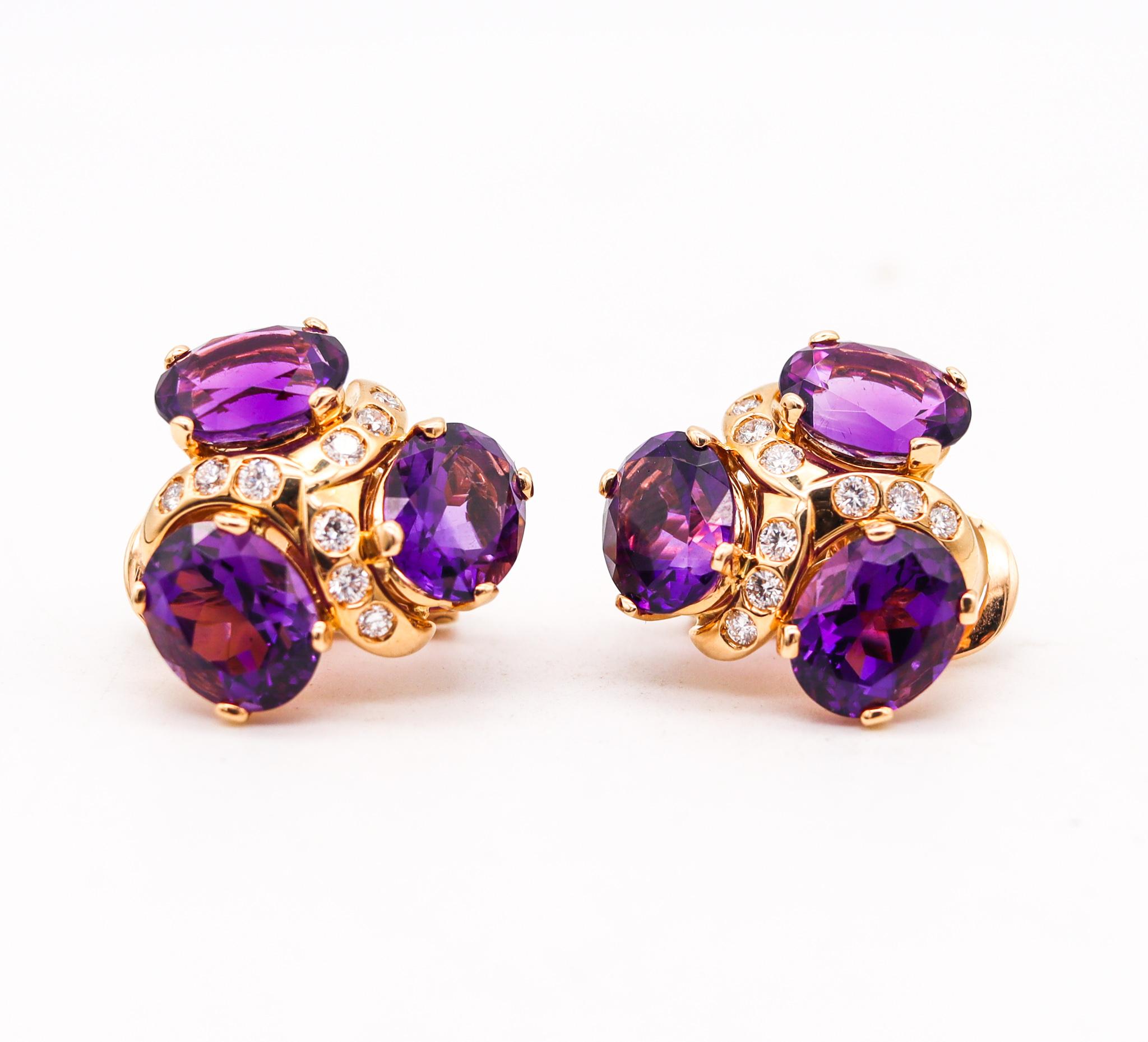 Modernist Verdura Milano Clips Earrings in 18Kt Gold with 17.14 Cts in Diamonds & Amethyst