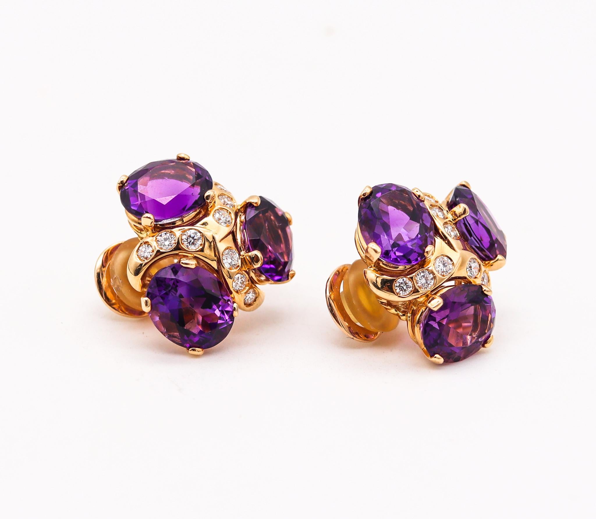 Oval Cut Verdura Milano Clips Earrings in 18Kt Gold with 17.14 Cts in Diamonds & Amethyst