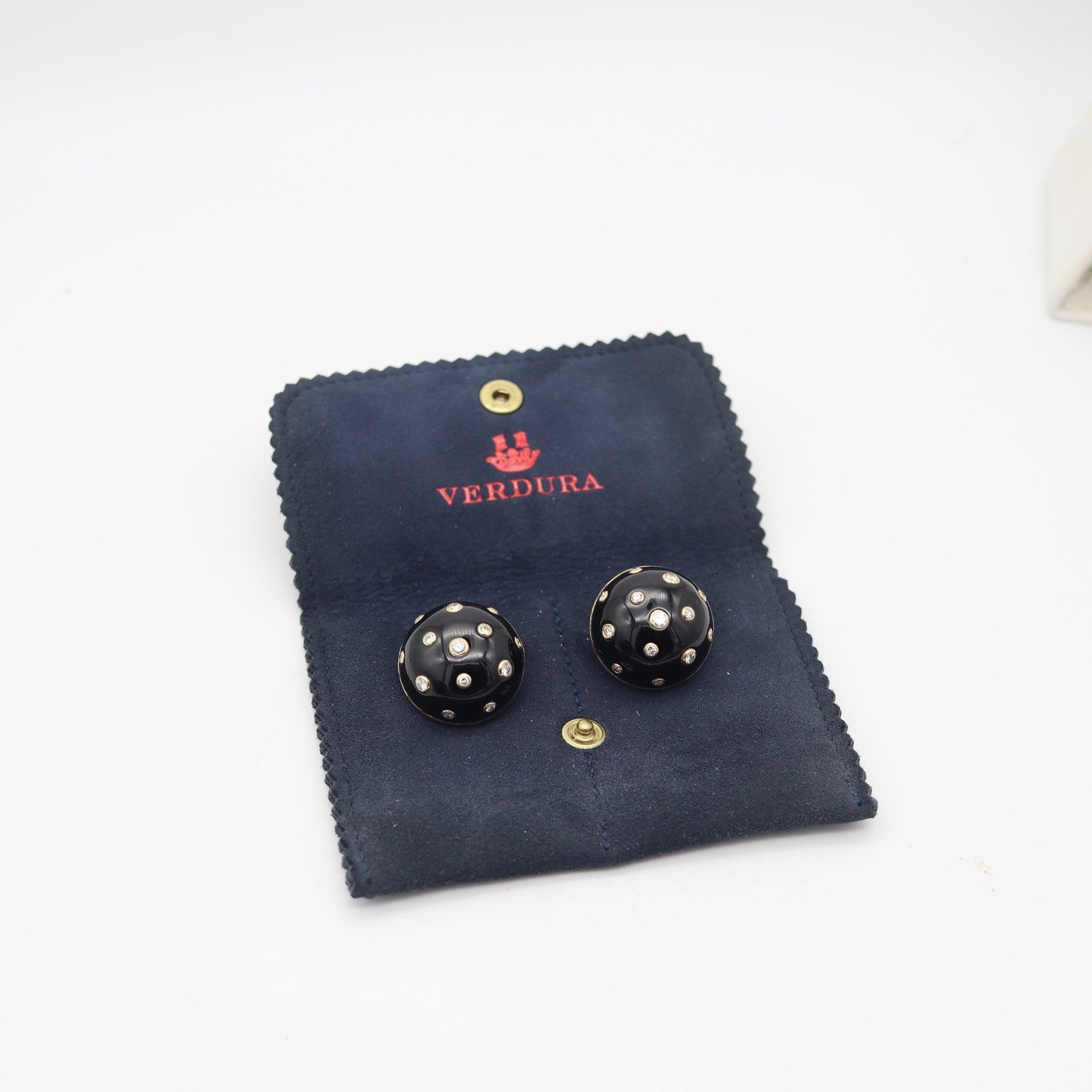 Modernist VERDURA Milano Enamel Bombe Clips-On Earrings 18Kt Gold & 1.56 Ctw Diamonds For Sale
