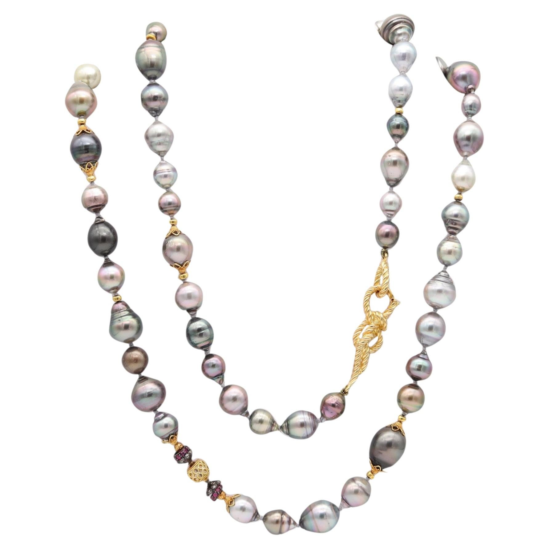 VERDURA Milano Long Tahitian-Pearls Sautoir Necklace 18Kt Gold Rubies & Diamonds For Sale