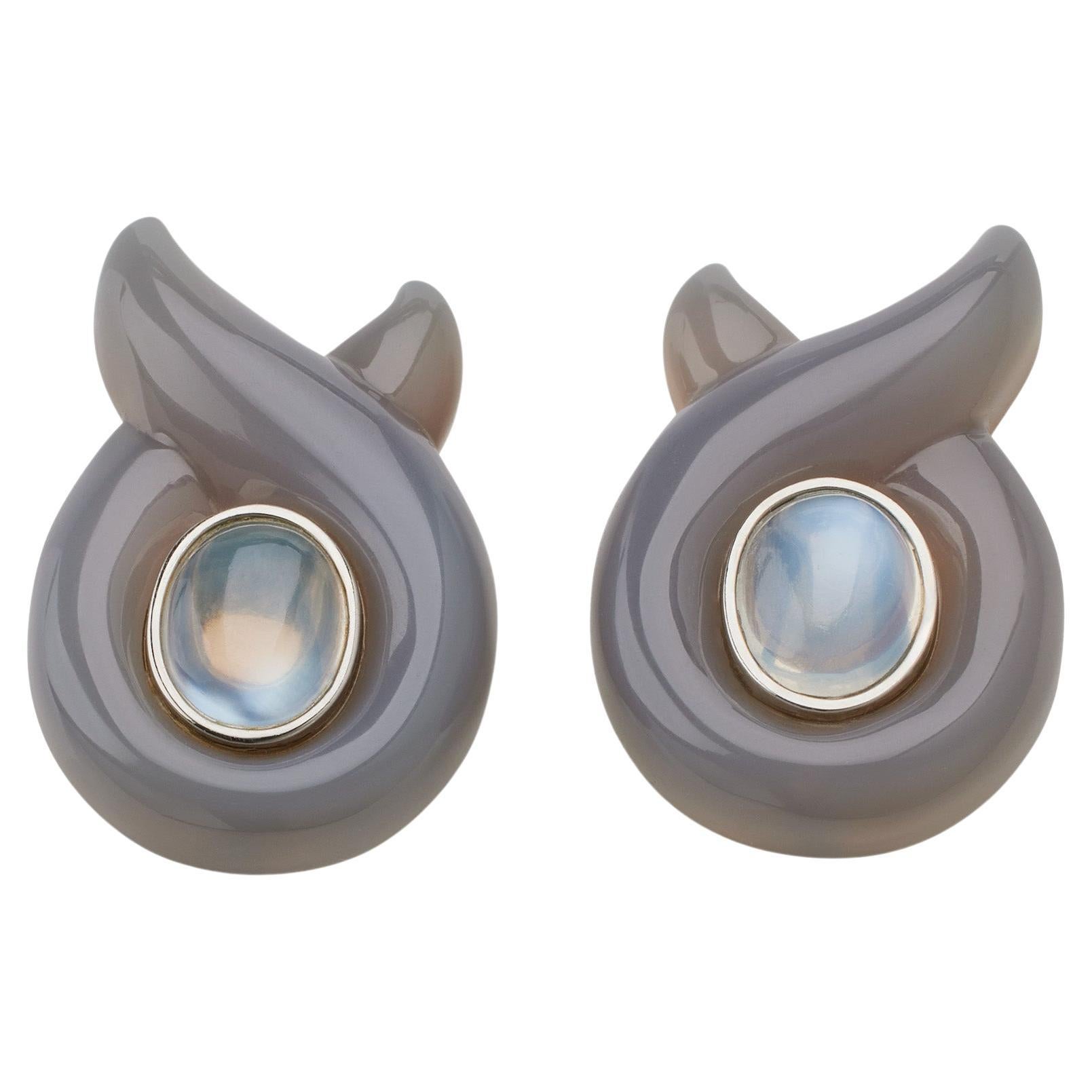 Verdura Moonstone and Carved Chalcedony "Twisted Ribbon" Clip Earrings For Sale