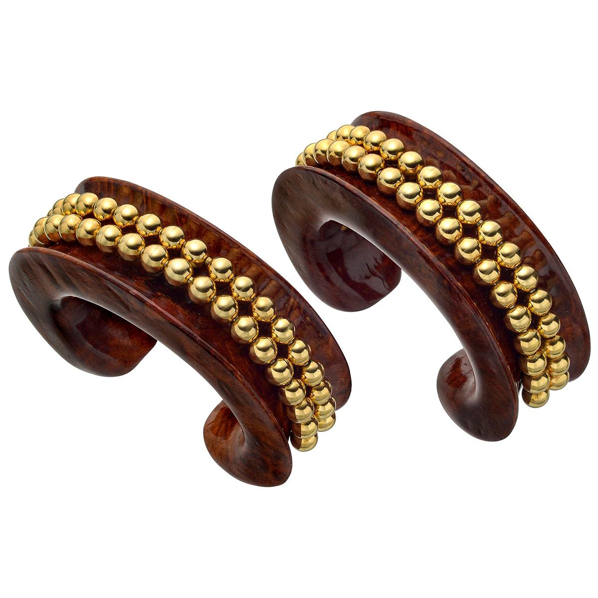 Verdura Pair of Vintage Carved Wood and Gold Bead Cuffs For Sale