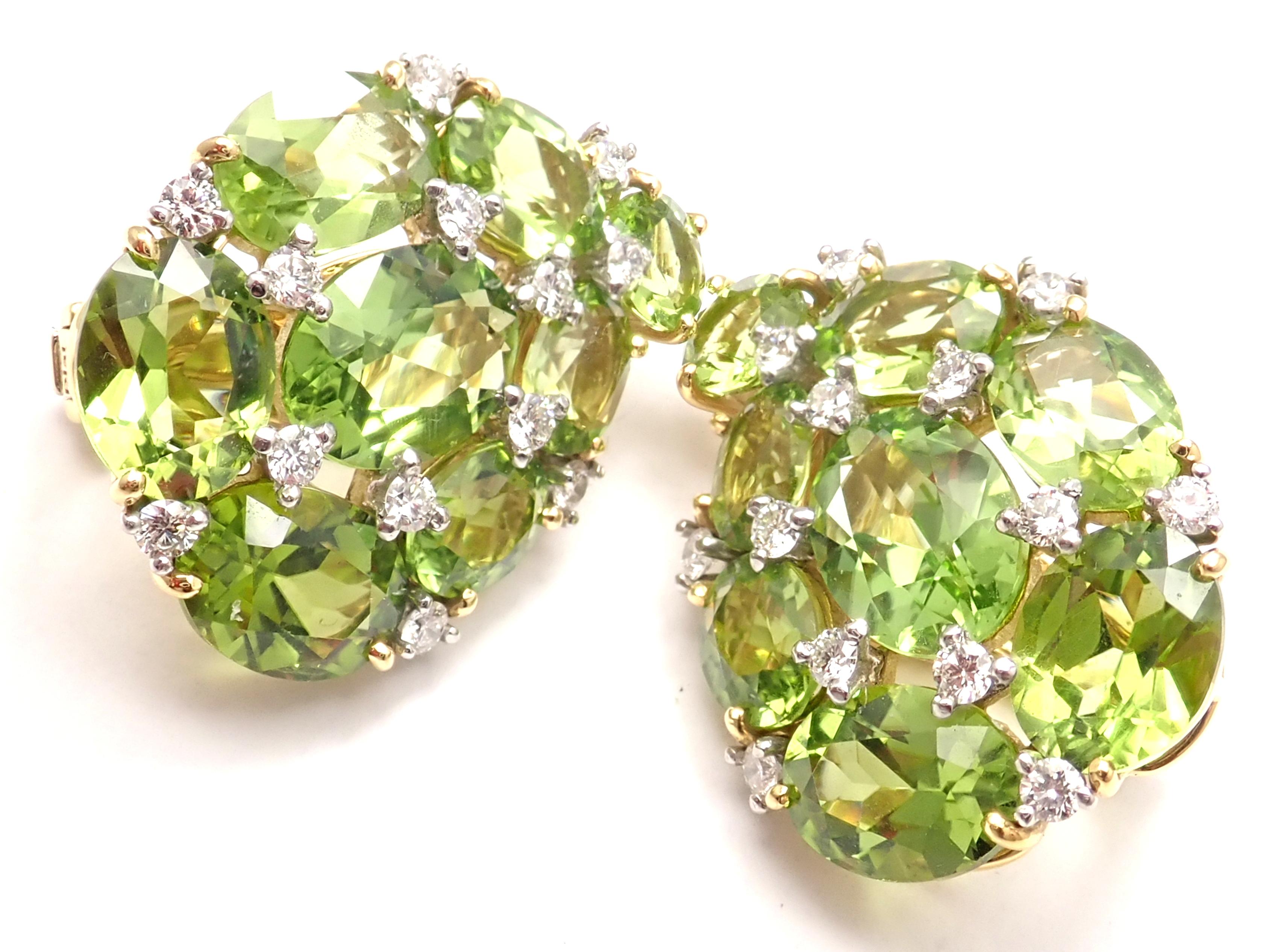 18k Yellow Paisley Peridot and Diamond ear clips earrings by Verdura. 
With 26 round brilliant cut diamonds VVS1 clarity, E color total weight approx.  1.30ct
16 oval cut peridots
These earrings are for non pierced ears, but they can be easily