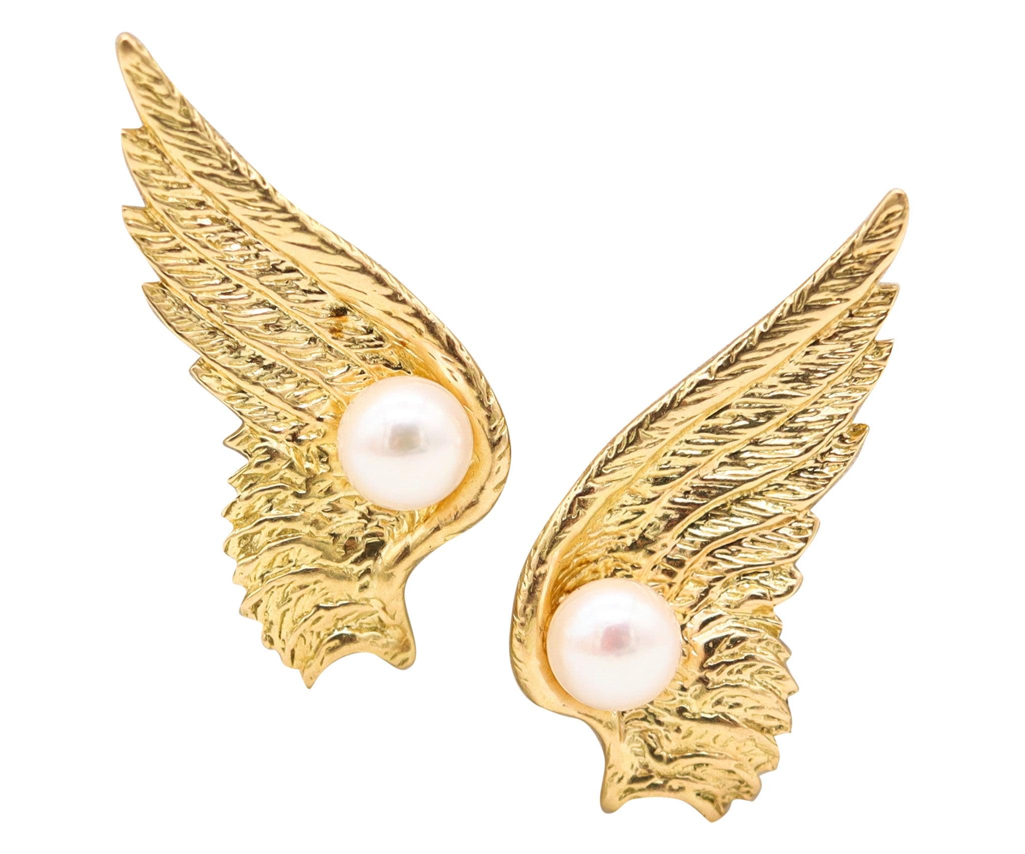 VERDURA PARIS 1950 Pendientes De Alas De Mercurio En Oro De 18Kt Y Perlas Blancas en venta
