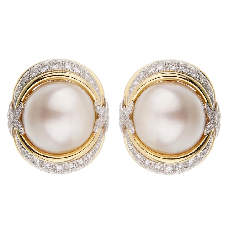 Verdura Pearl Diamond Yellow Gold Platinum Earrings For Sale at 1stDibs