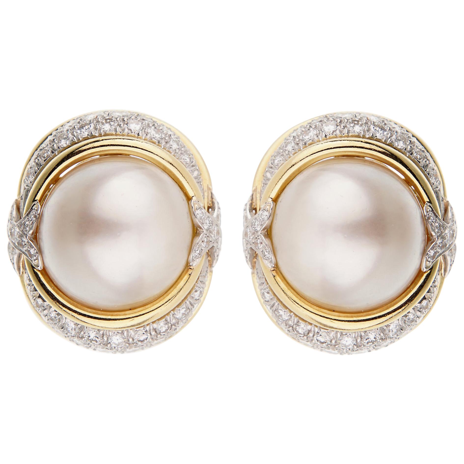 Verdura Pearl Diamond Yellow Gold Platinum Earrings