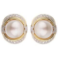 Vintage Verdura Pearl Diamond Yellow Gold Platinum Earrings