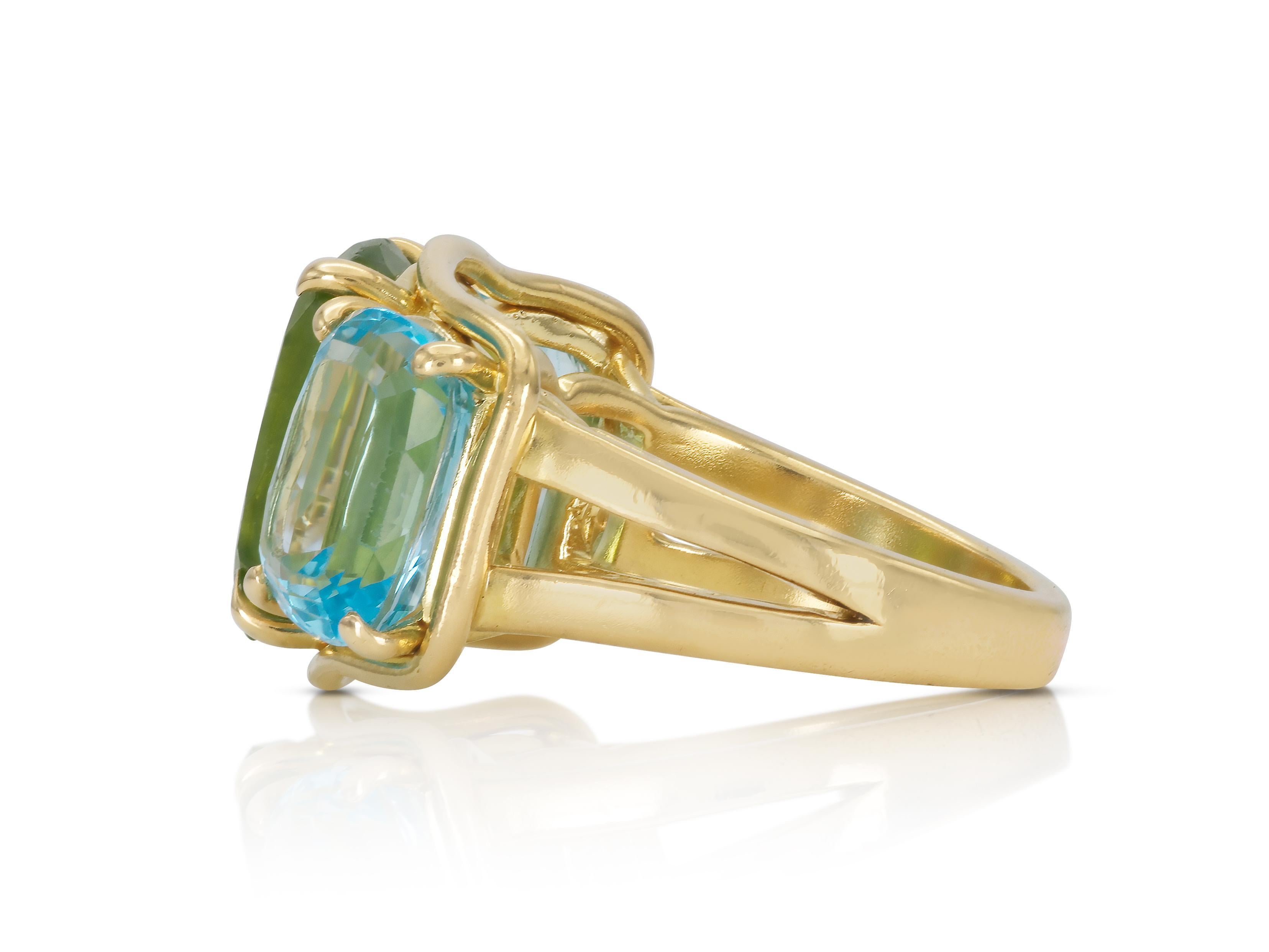 Mixed Cut Verdura Peridot and Blue Topaz Ring For Sale