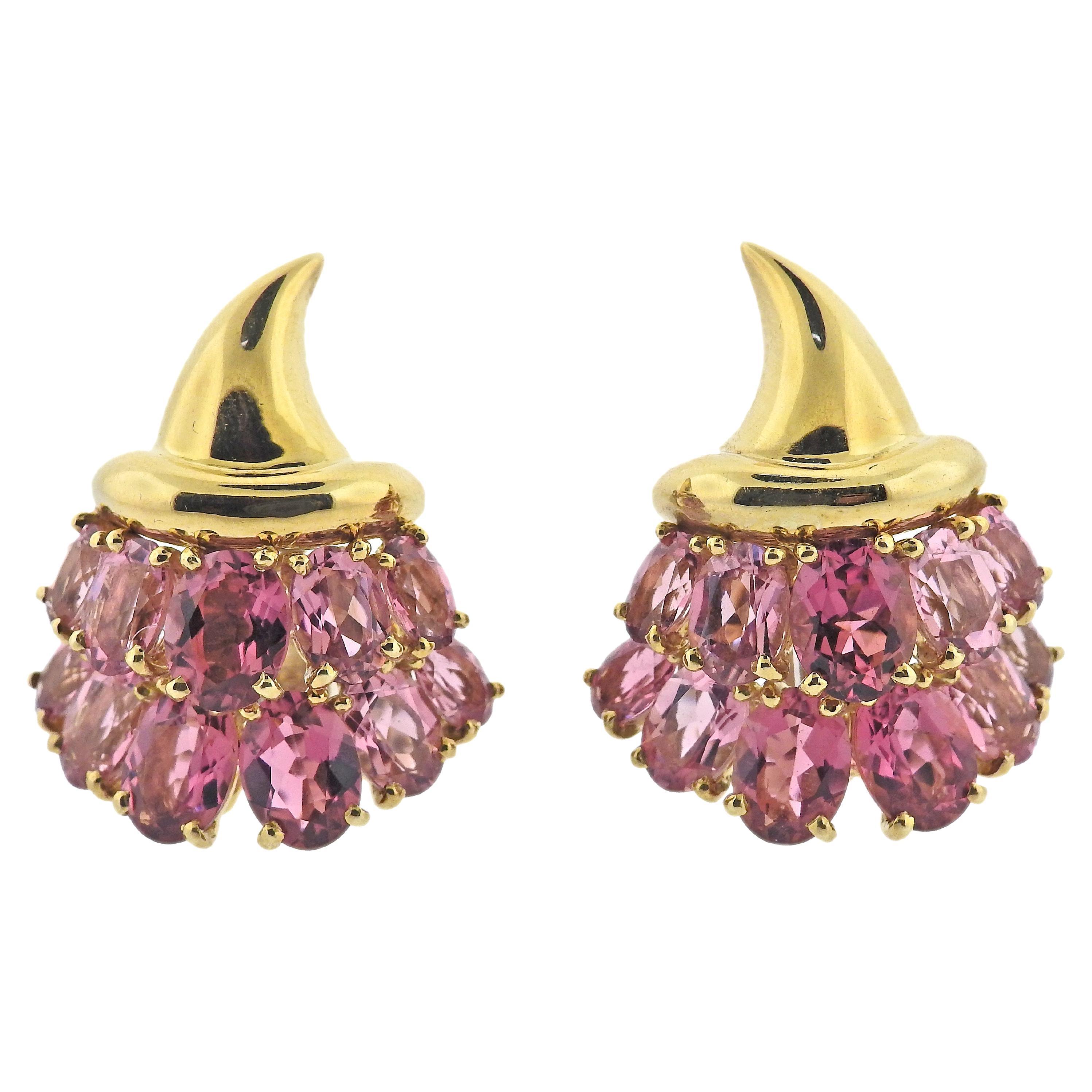 Verdura Pink Tourmaline Gold Cornucopia Earrings For Sale