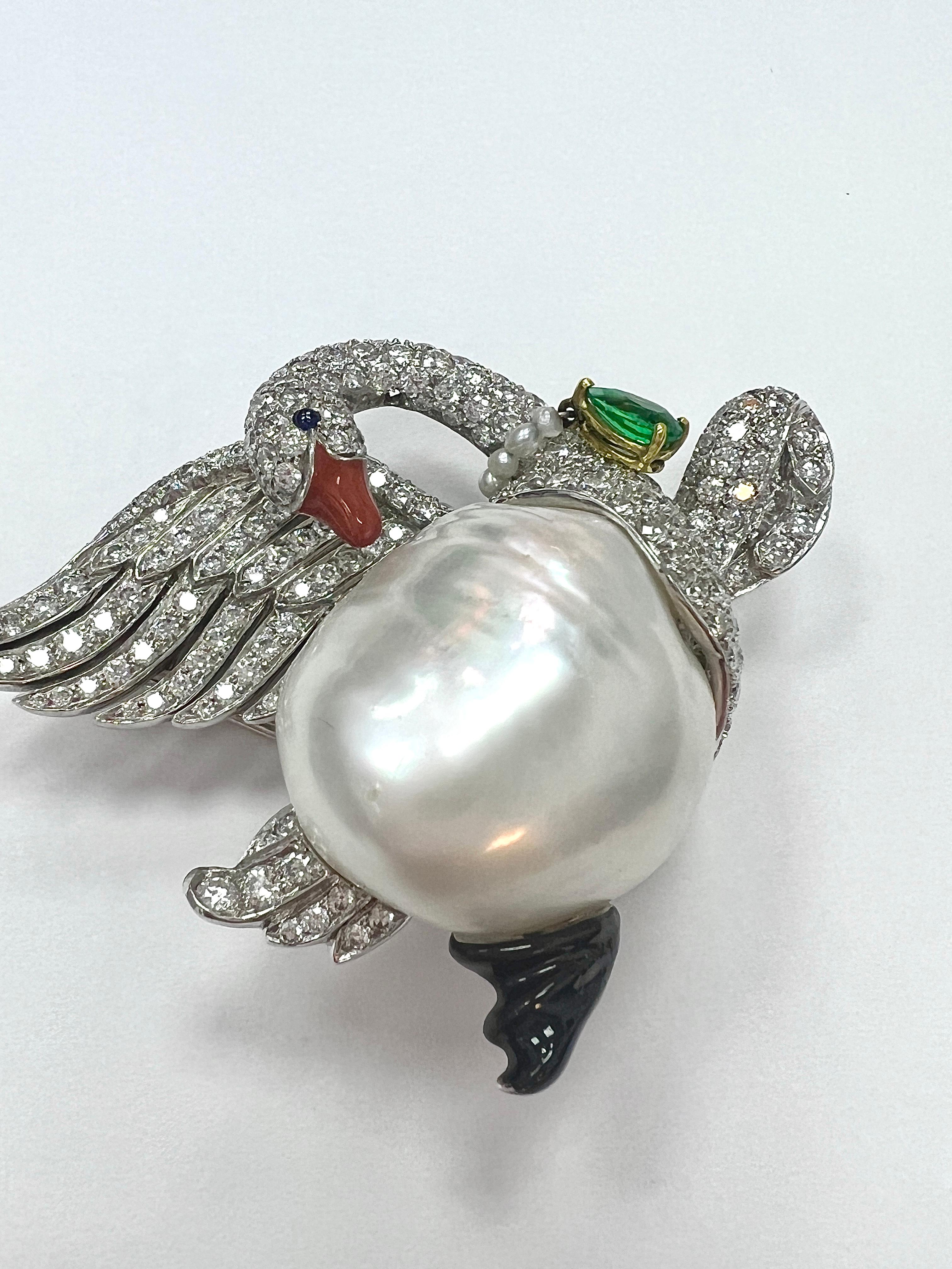 Emerald Cut Verdura Platinum, Gold, Baroque Cultured Pearl, Diamond, Emerald and Enamel Swan For Sale