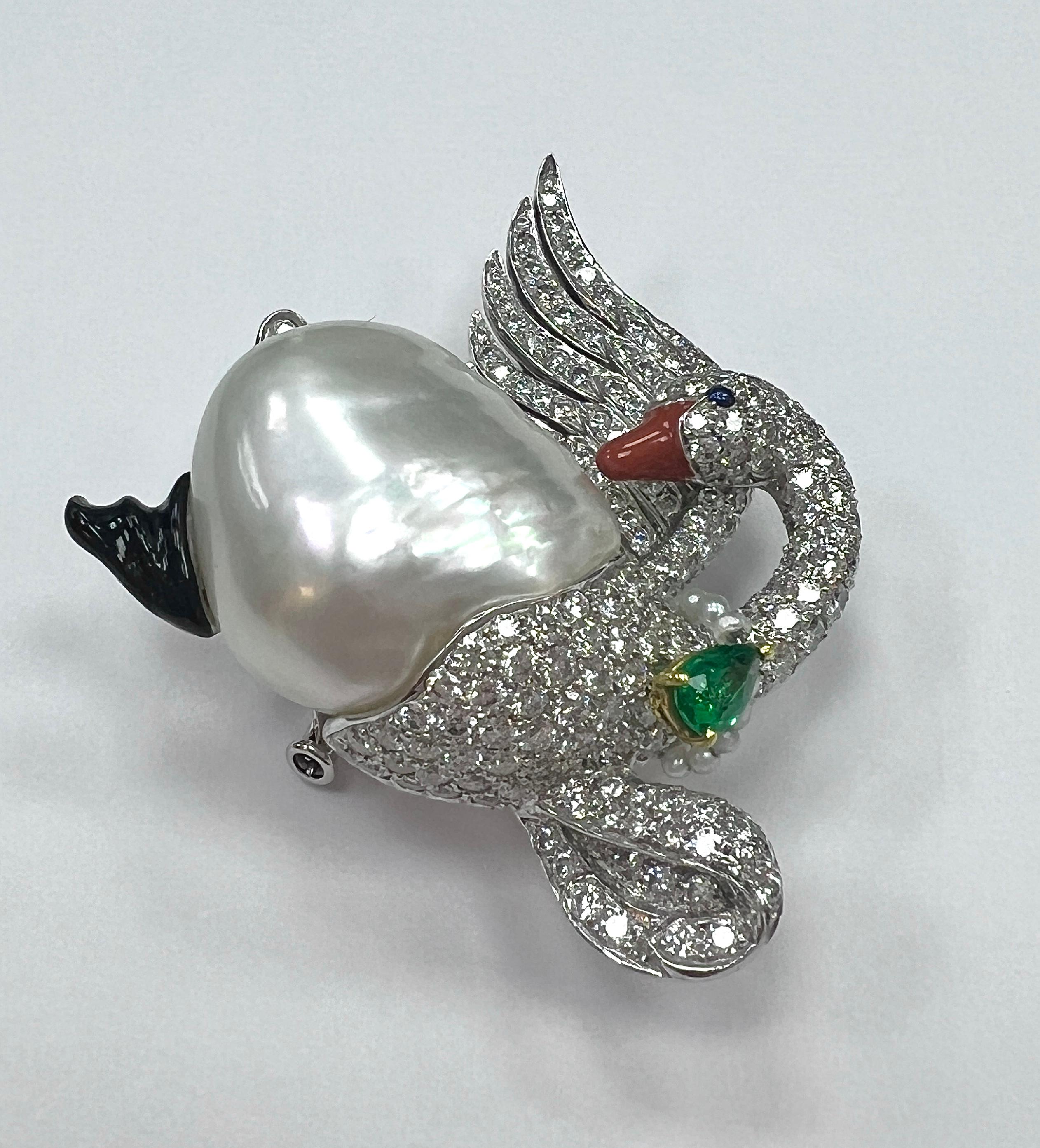 Women's Verdura Platinum, Gold, Baroque Cultured Pearl, Diamond, Emerald and Enamel Swan For Sale