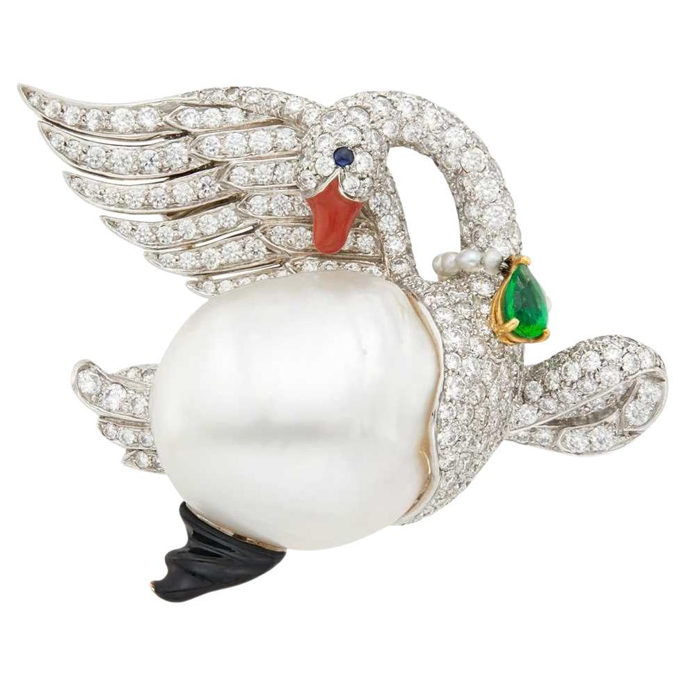 Verdura Platinum, Gold, Baroque Cultured Pearl, Diamond, Emerald and Enamel Swan