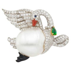 Verdura Platinum, Gold, Baroque Cultured Pearl, Diamond, Emerald and Enamel Swan