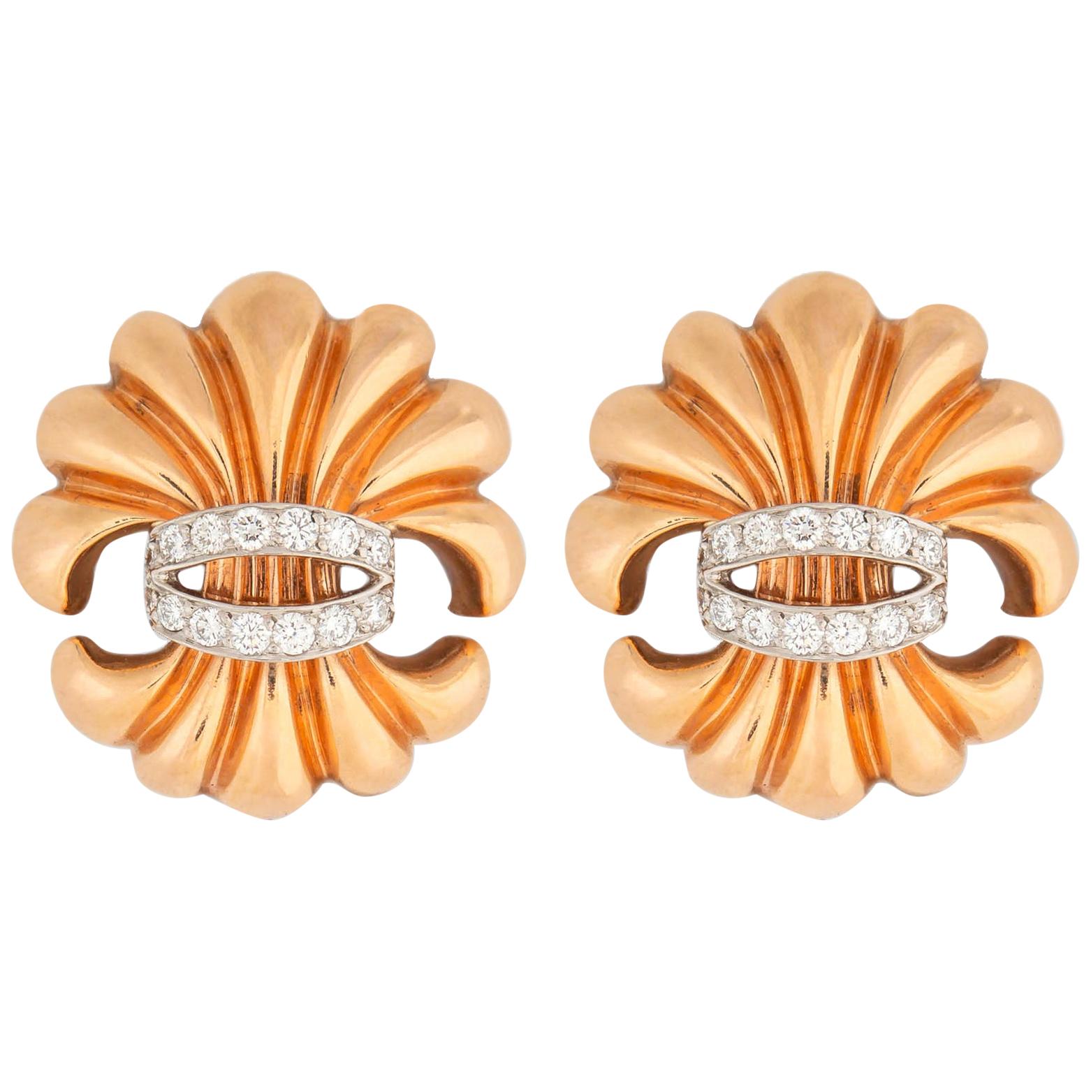 Verdura Rose Gold and Diamond Fleur de Lis Earrings