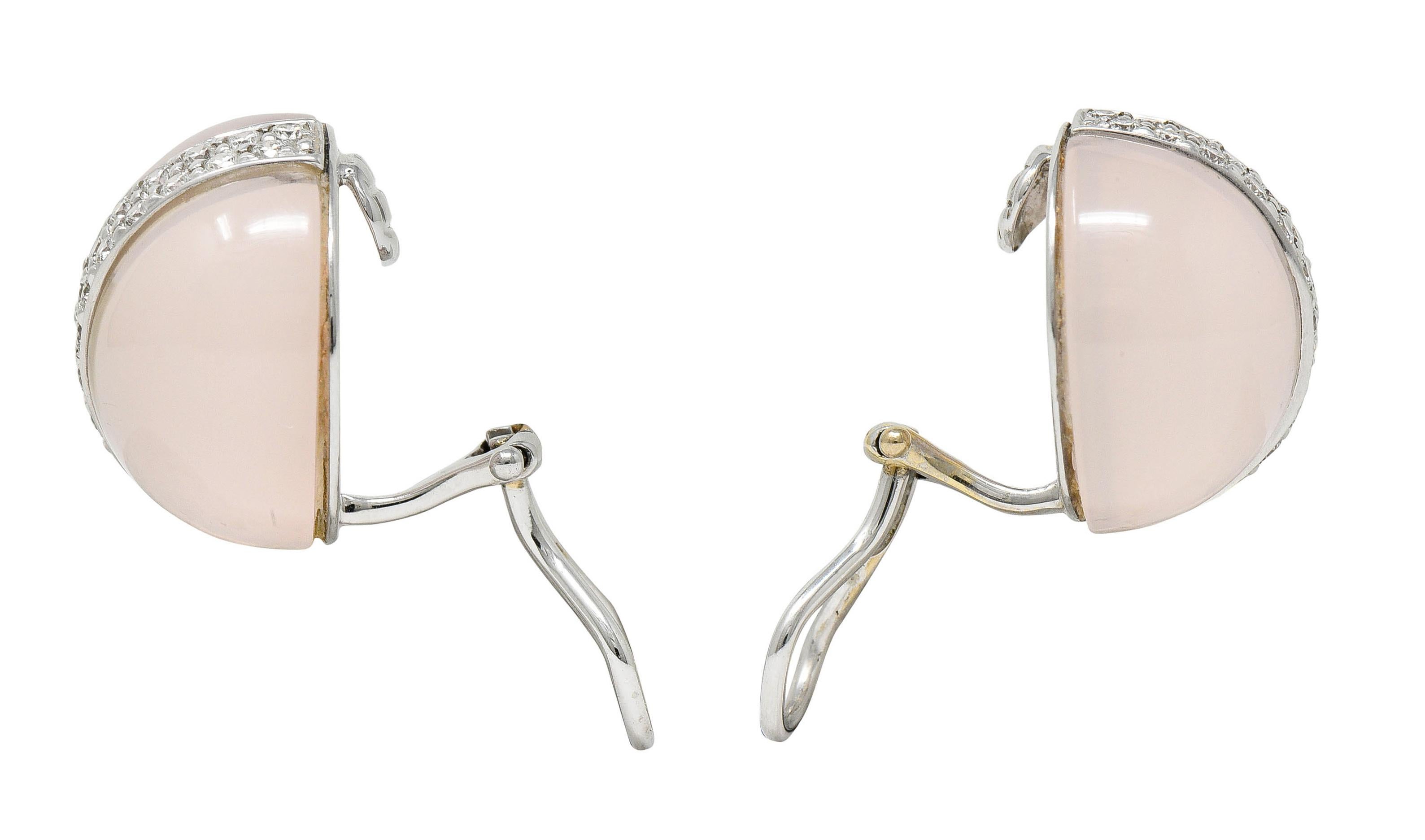 Contemporary Verdura Rose Quartz 1.35 Carats Diamond 18 Karat White Cabochon Clip Earrings