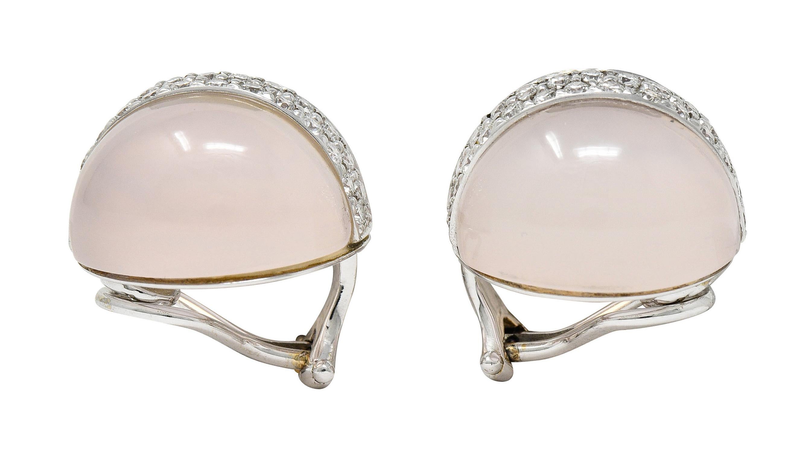 Women's or Men's Verdura Rose Quartz 1.35 Carats Diamond 18 Karat White Cabochon Clip Earrings