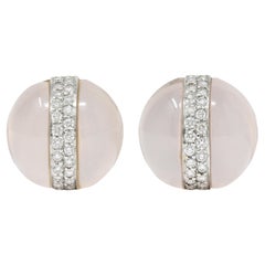 Verdura Rose Quartz 1.35 Carats Diamond 18 Karat White Cabochon Clip Earrings