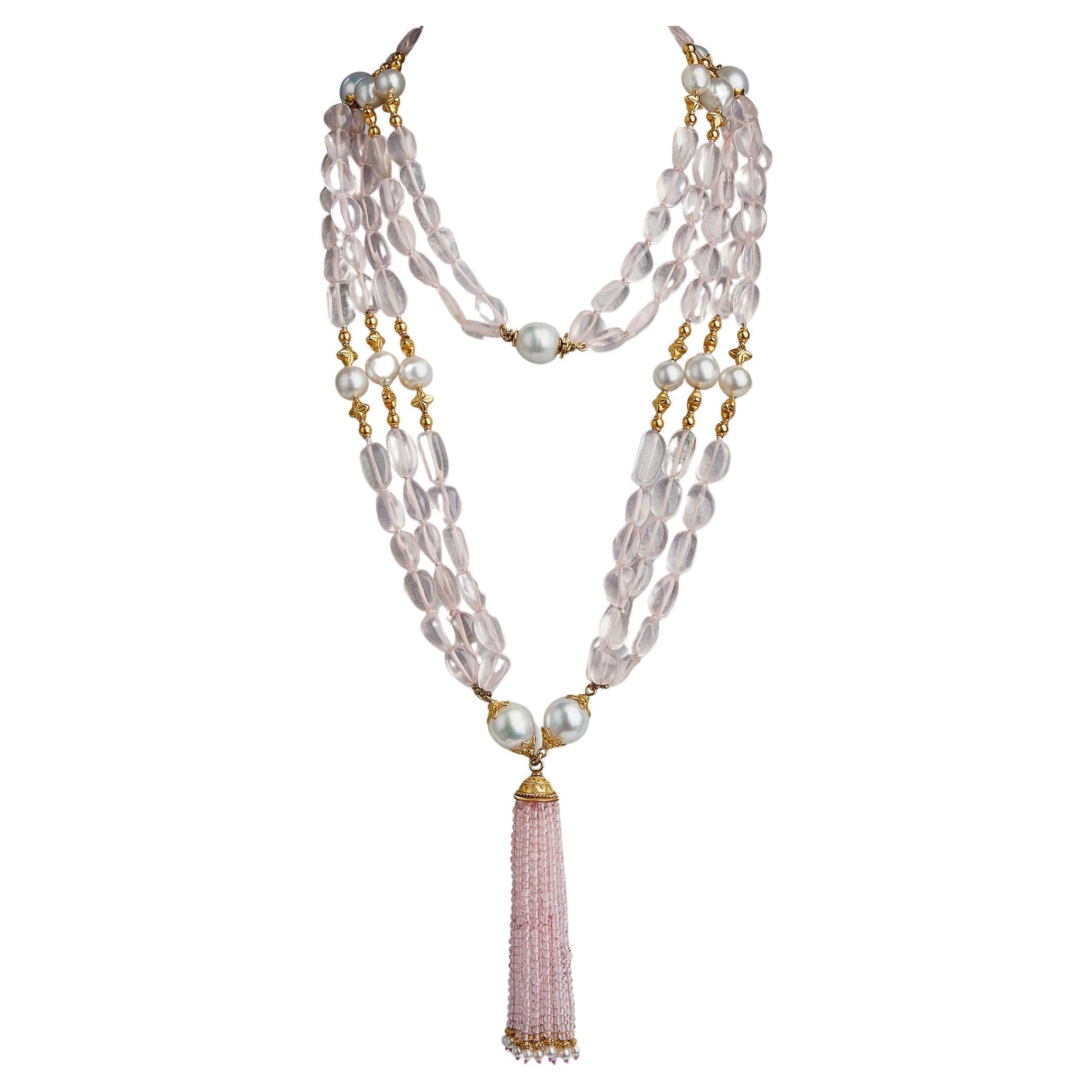 Verdura Rose Quartz and Cultured South Sea Pearl "Raja" Necklace For Sale