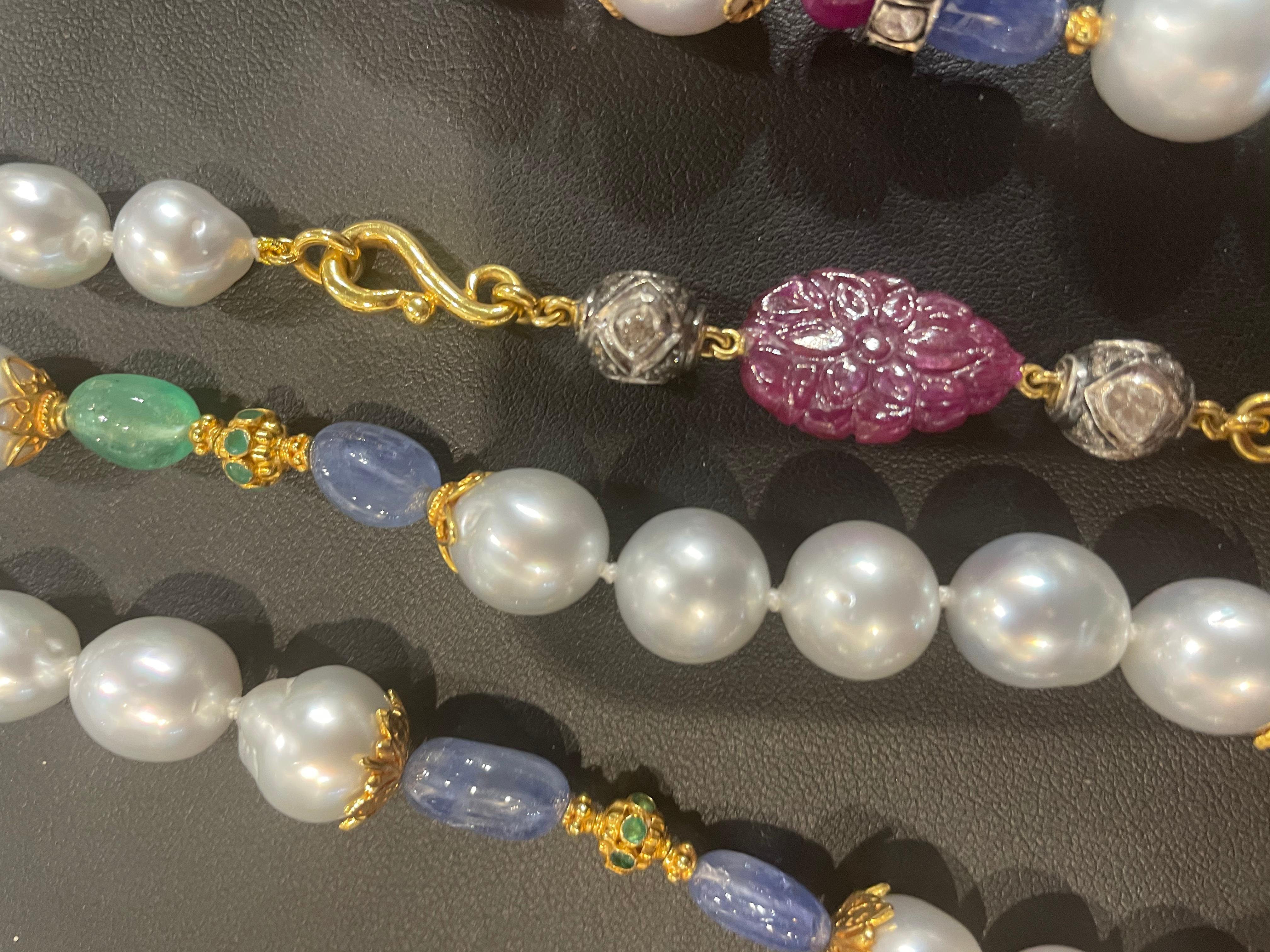 Verdura South Sea Pearl, Sapphire, Ruby, Emerald, Diamond and Gold Long Necklace In Excellent Condition In Saint Louis, MO