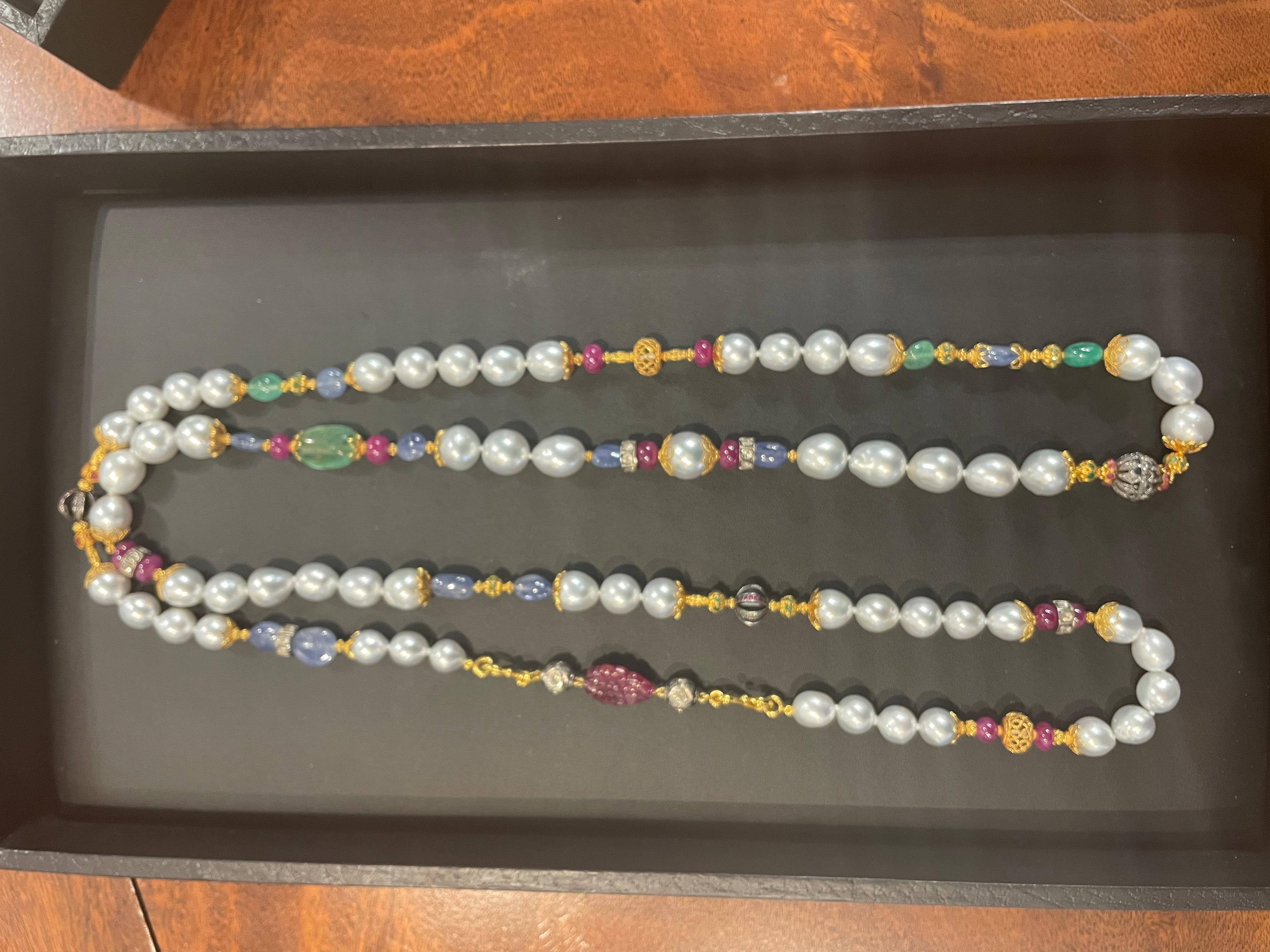 Women's Verdura South Sea Pearl, Sapphire, Ruby, Emerald, Diamond and Gold Long Necklace