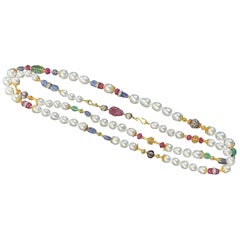 Verdura South Sea Pearl, Sapphire, Ruby, Emerald, Diamond and Gold Long Necklace