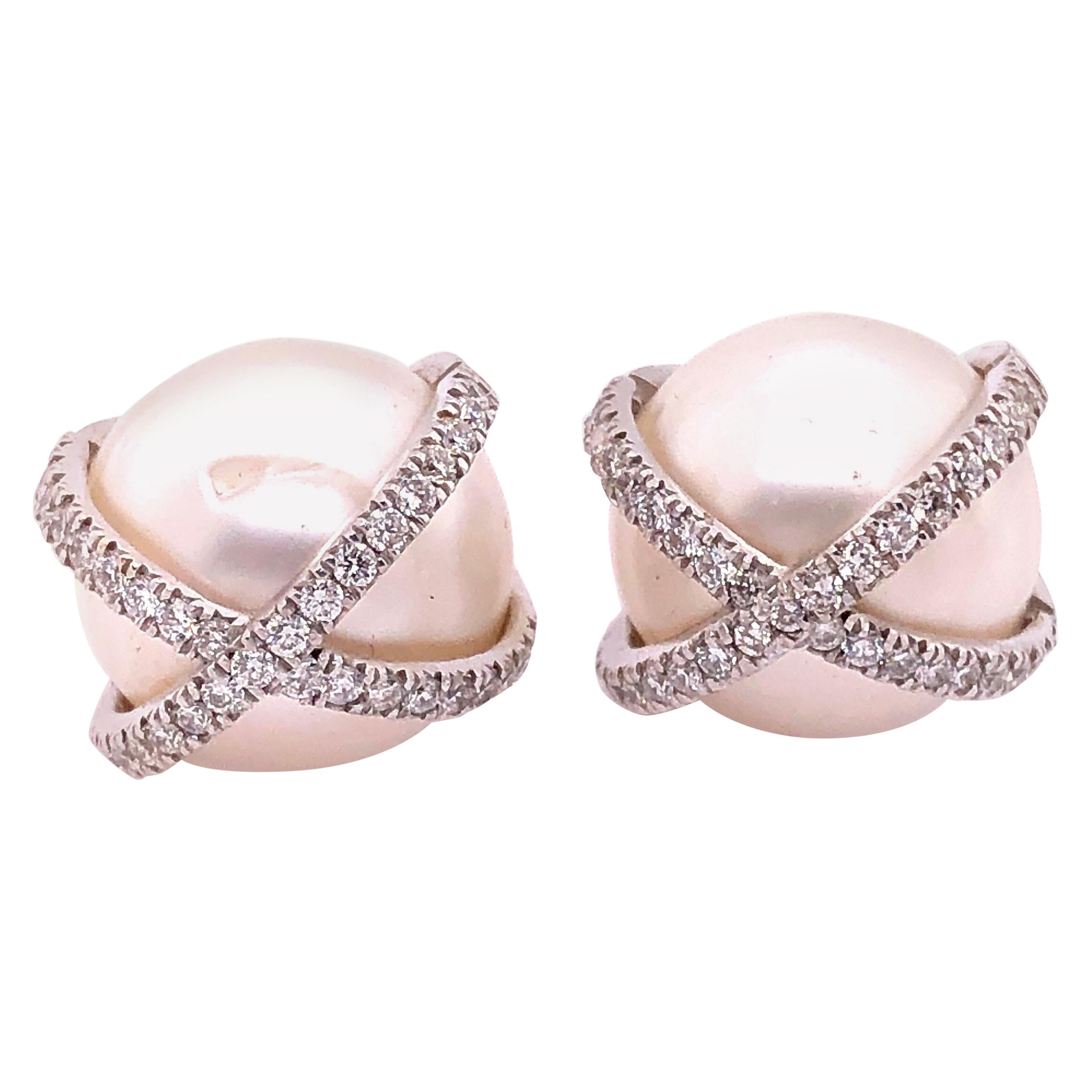 Verdura 18 Karat White Gold Wrapped Pearl and Diamond Earrings  For Sale