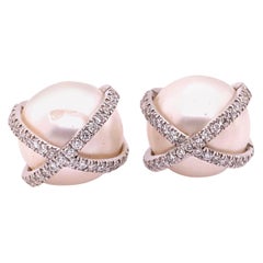 Verdura 18 Karat White Gold Wrapped Pearl and Diamond Earrings 