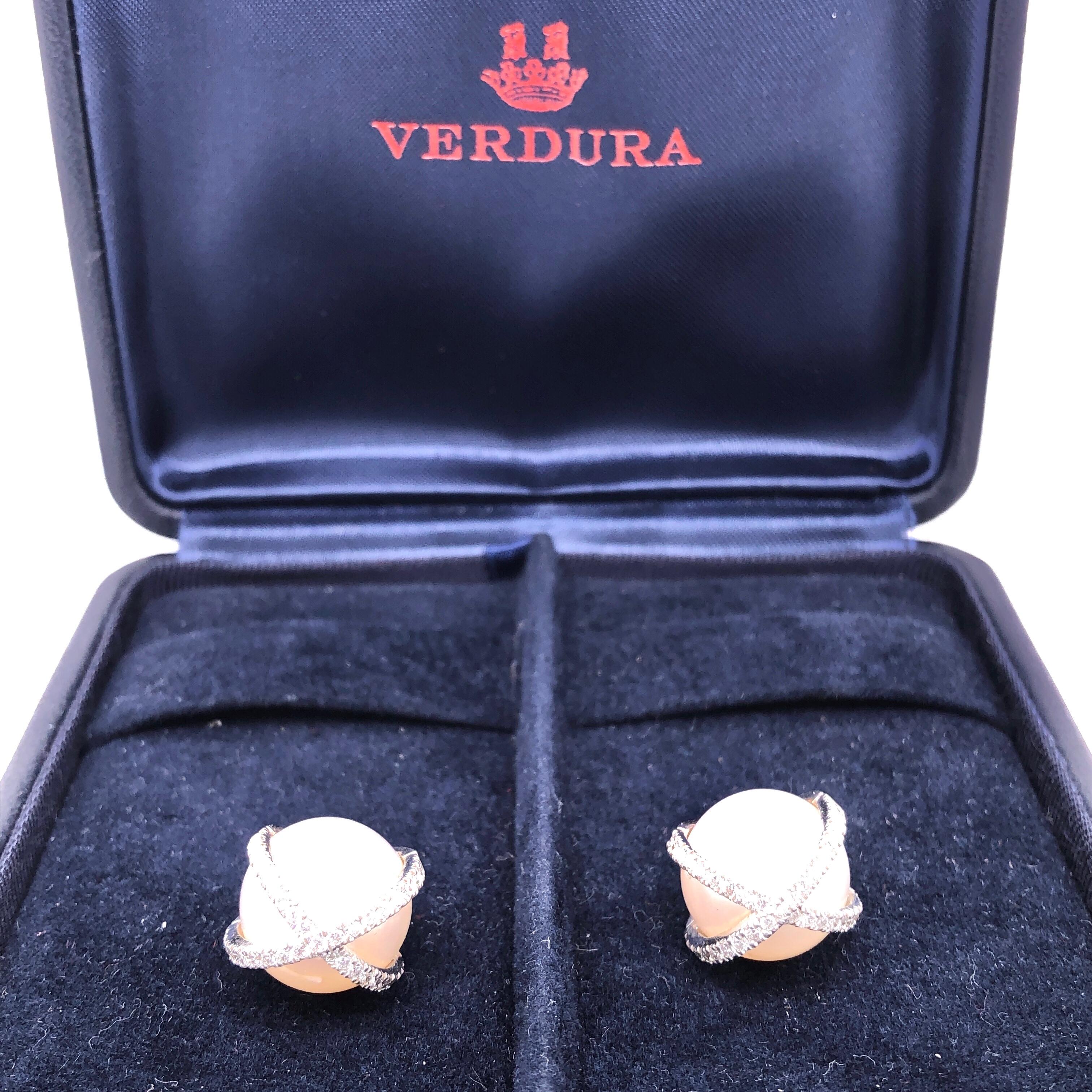 Verdura 18 Karat White Gold Wrapped Pearl and Diamond Earrings  For Sale 2