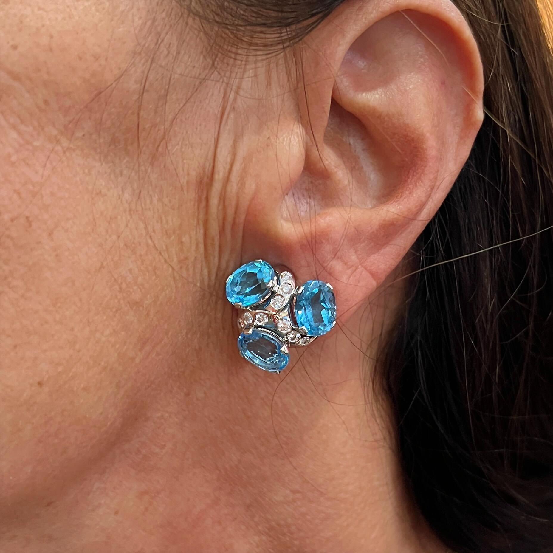 VERDURA Three Stone Blue Topaz Diamond Earrings In Good Condition In New York, NY