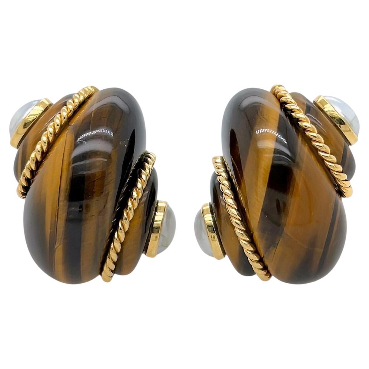 Verdura Tigerauge Perle Muschel Gold Ohrringe