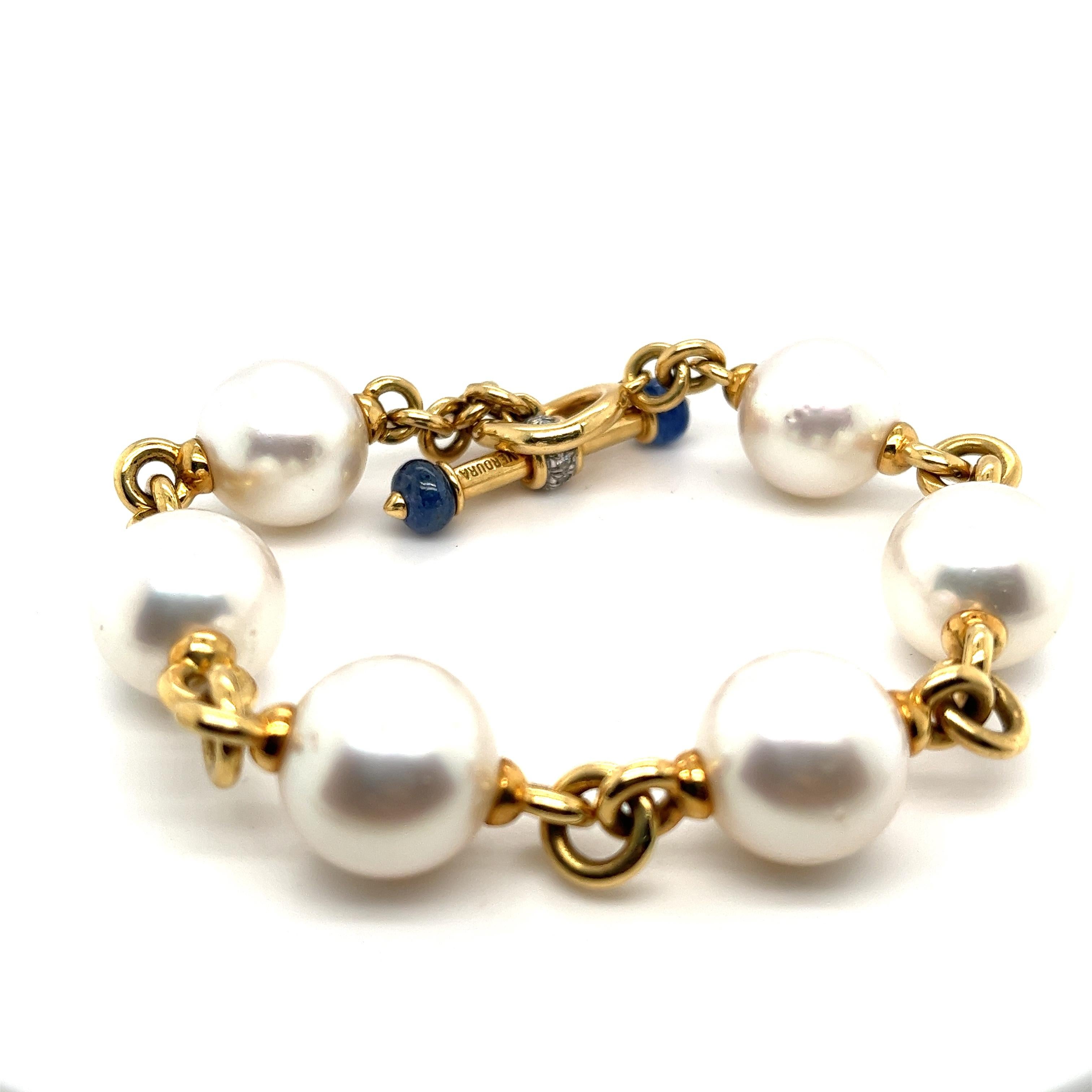 Offered here is an authentic VERDURA Toggle Bracelet in original box.
Toggle Bracelet
Designed to coordinate with the South Sea Pearl “Y” Necklace, the Pearl Toggle Bracelet reflects Verdura’s casual treatment of pearls, intended to be worn – and