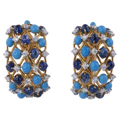 Verdura Turquoise, Cabochon Sapphire and Diamond Hoop Earrings