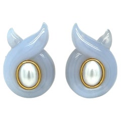 Verdura Twisted Ribbon Chalcedony Pearl & Gold Ear Clips