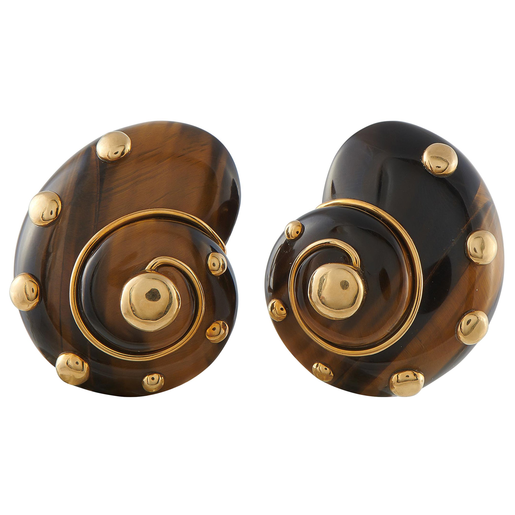 VERDURA Vintage 18K Gelbgold Tigerauge Schneckenhaus Ohrringe VR08-121025 im Angebot