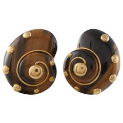VERDURA Vintage 18K Yellow Gold Tigers Eye Snail Shell Earrings VR08-121025