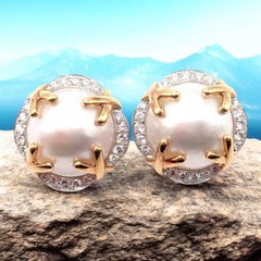 Verdura Vintage Diamond Mabe Pearl Yellow Gold & Platinum Large Earrings