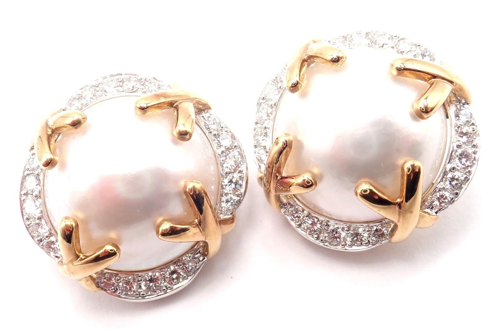 Verdura Vintage Diamond Mabe Pearl Yellow Gold & Platinum Large Earrings For Sale 1