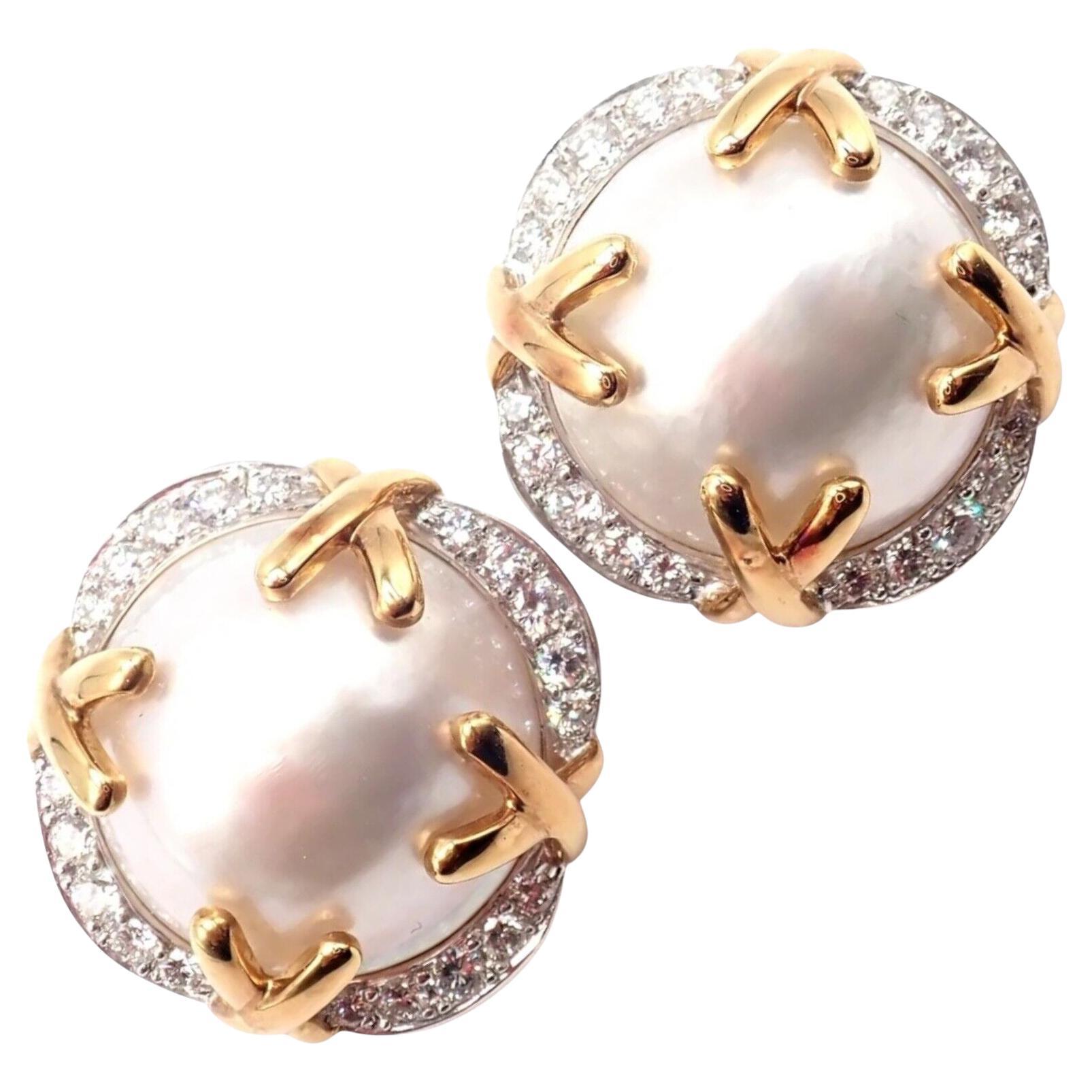 Verdura Vintage Diamond Mabe Pearl Yellow Gold & Platinum Large Earrings