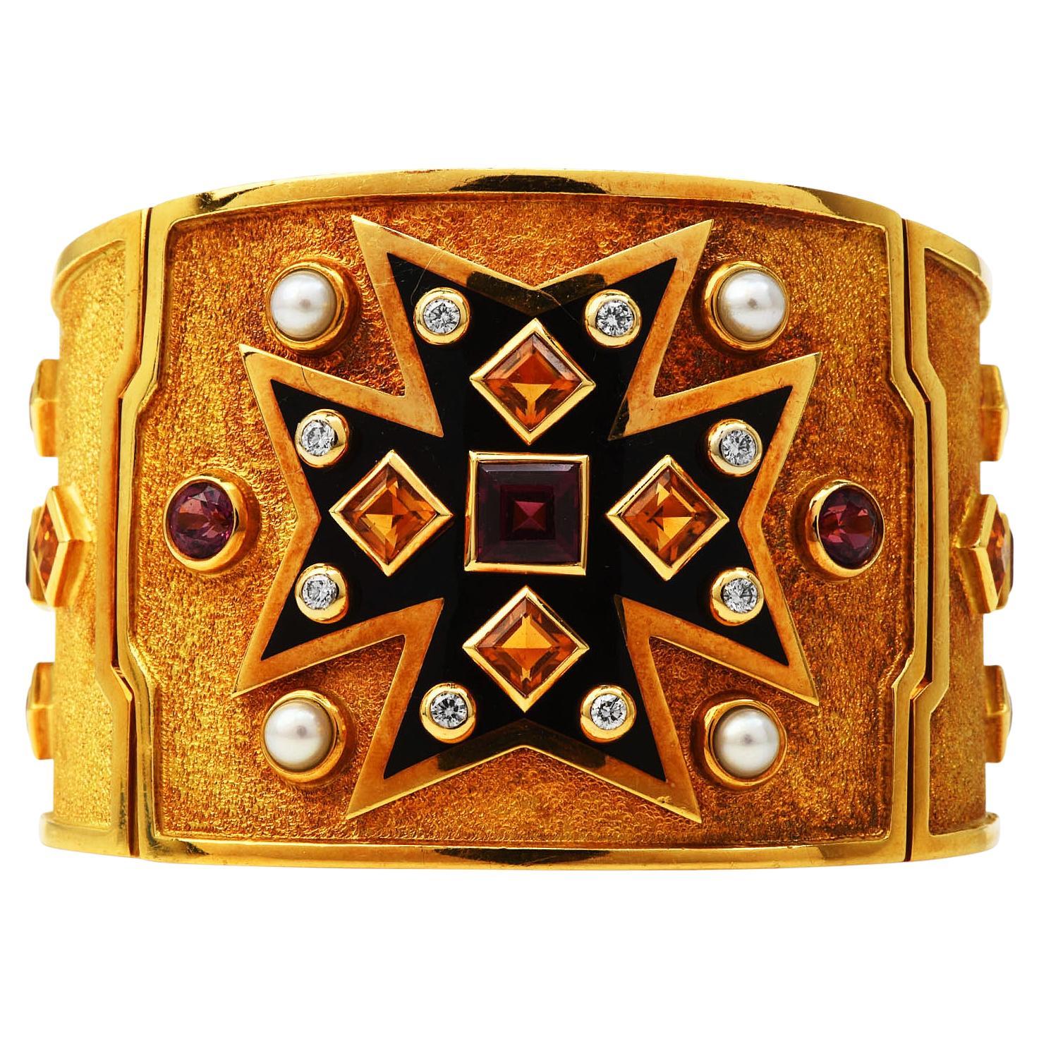 Verdura Vintage Maltese Cross 18K Gold Multi Gem Enamel Gold Bangle Bracelet
