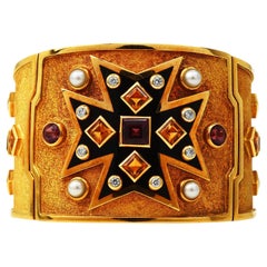 Verdura Vintage Maltese Cross 18K Gold Multi Gem Enamel Gold Bangle Bracelet