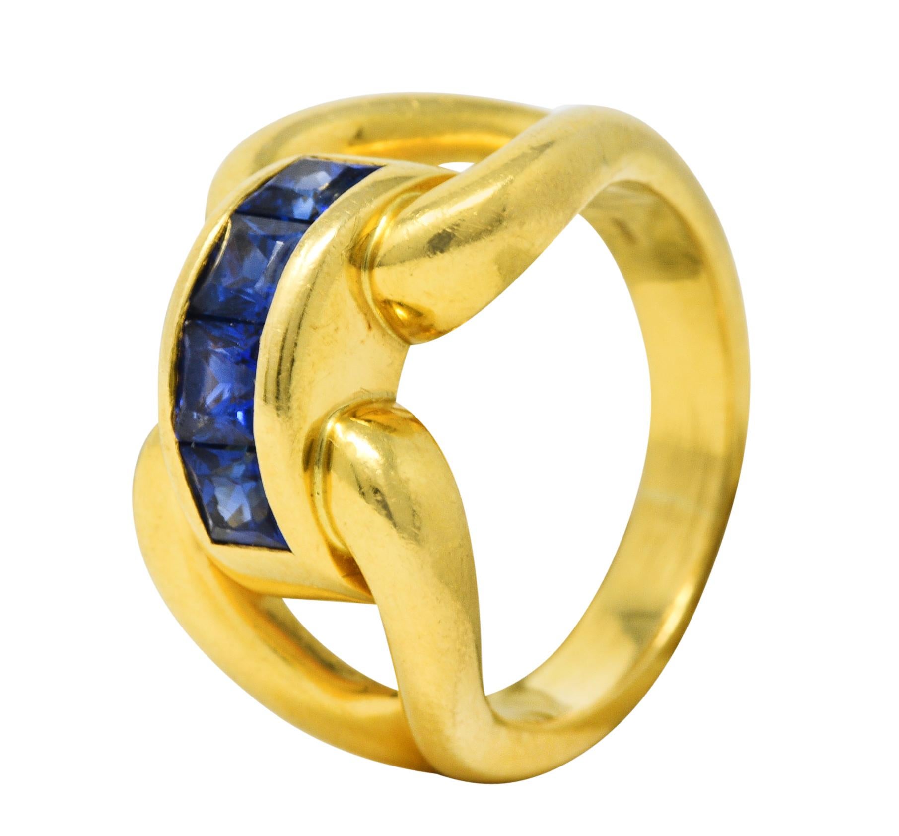 Verdura Vintage Sapphire 18 Karat Yellow Gold Horsebit Channel Ring 2
