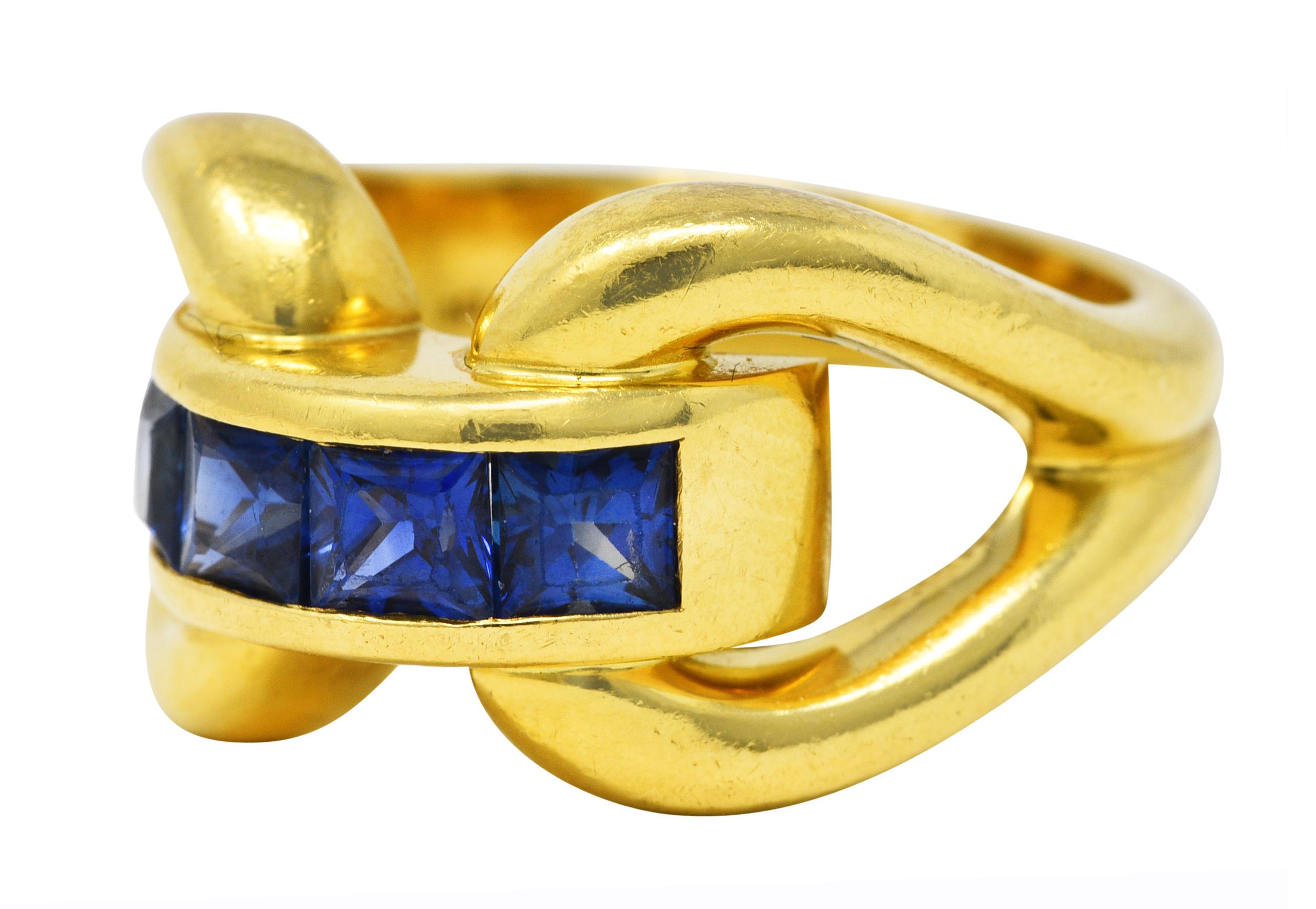 Square Cut Verdura Vintage Sapphire 18 Karat Yellow Gold Horsebit Channel Ring