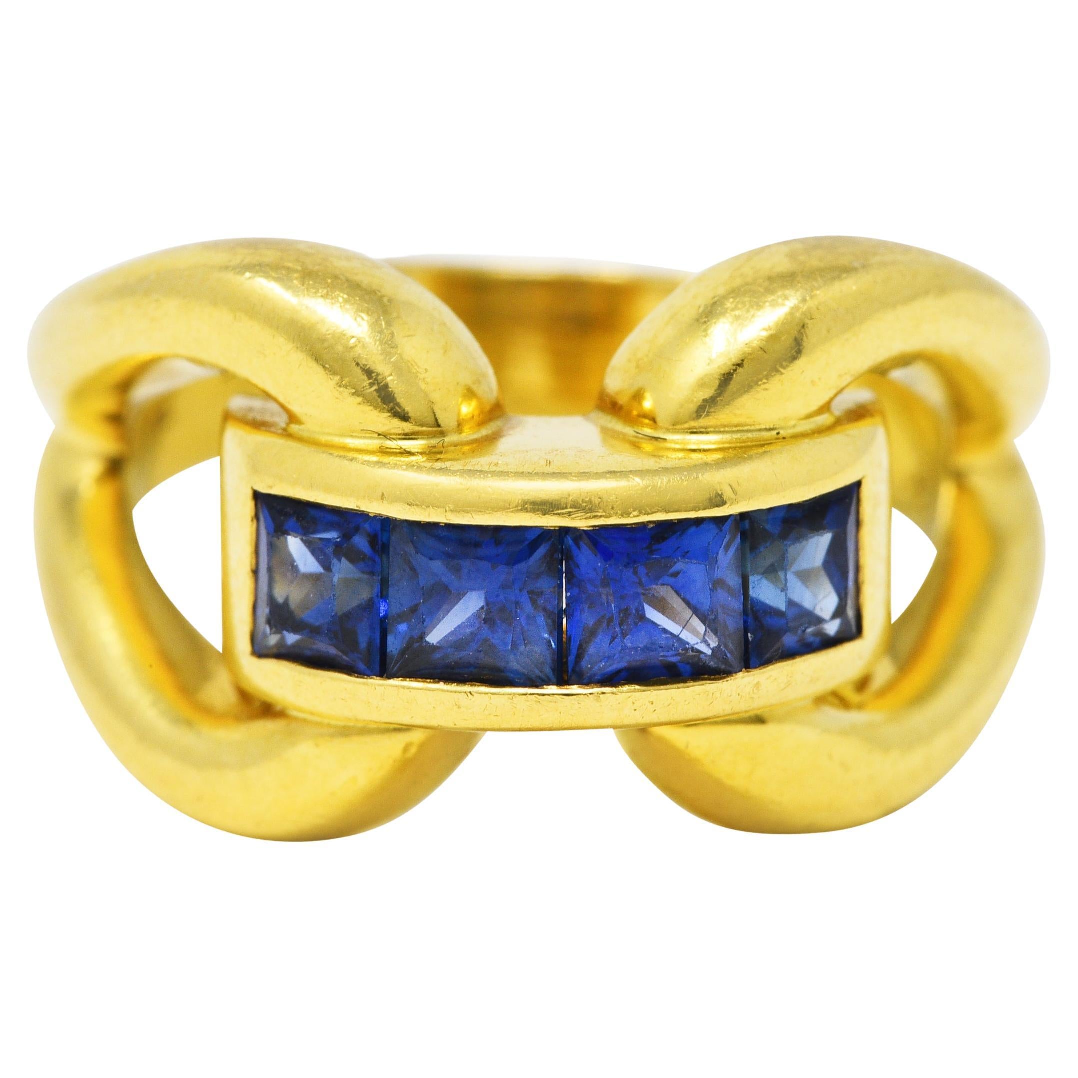 Verdura Vintage Sapphire 18 Karat Yellow Gold Horsebit Channel Ring